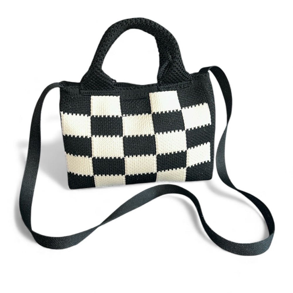 Black and Creamy White Check Knit Handbag with Shoulder Strap